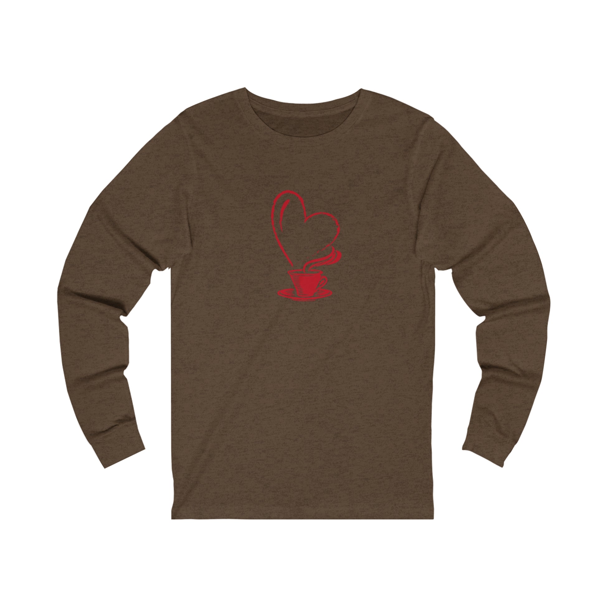 Printify brown long-sleeve but first coffee tee with red coffee cup and heart design