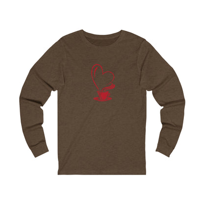 Printify brown long-sleeve but first coffee tee with red coffee cup and heart design