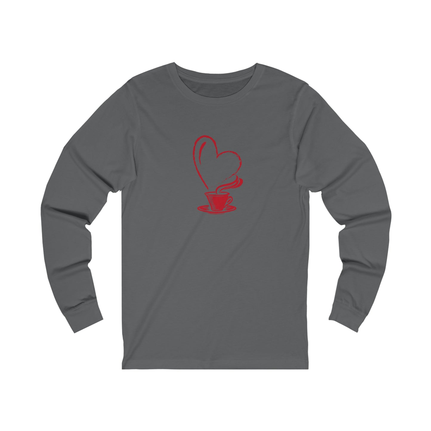 Printify gray long-sleeve shirt with red heart-shaped steam coffee cup design but first coffee tee