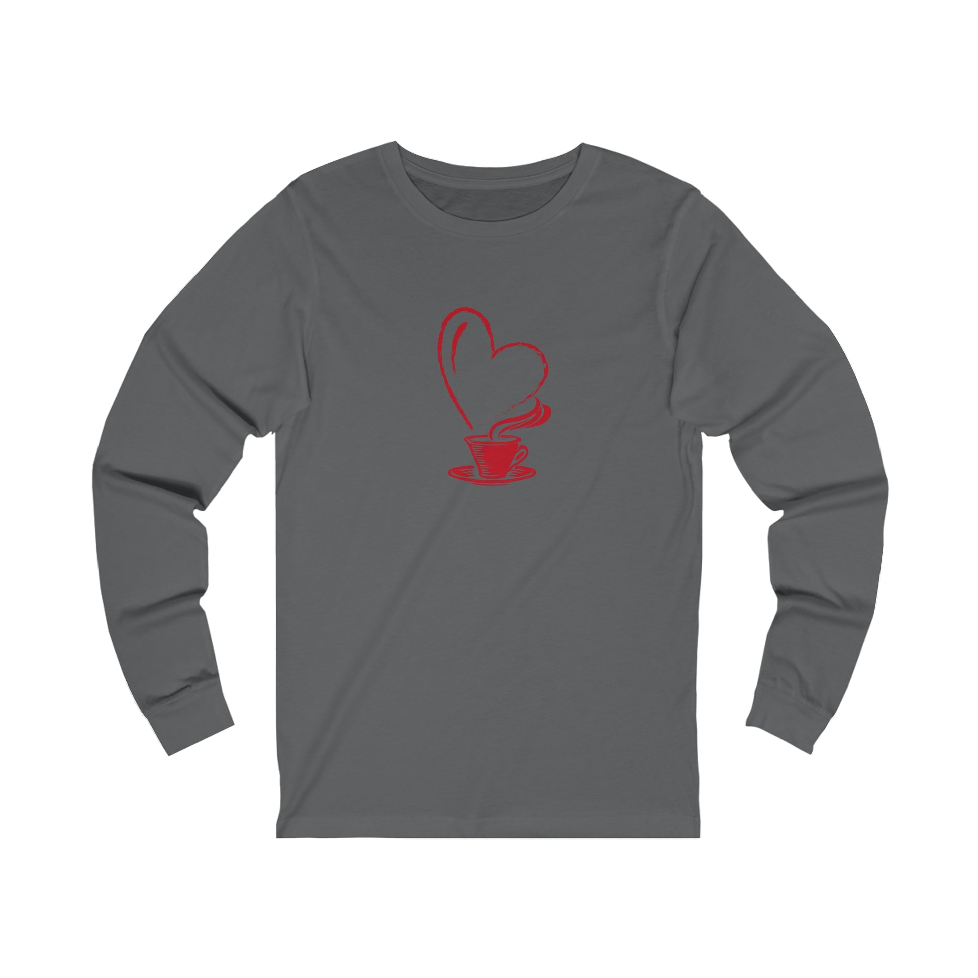 Printify gray long-sleeve shirt with red heart-shaped steam coffee cup design but first coffee tee