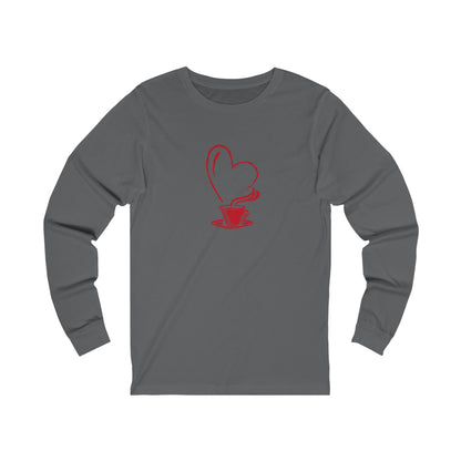 Printify gray long-sleeve shirt with red heart-shaped steam coffee cup design but first coffee tee