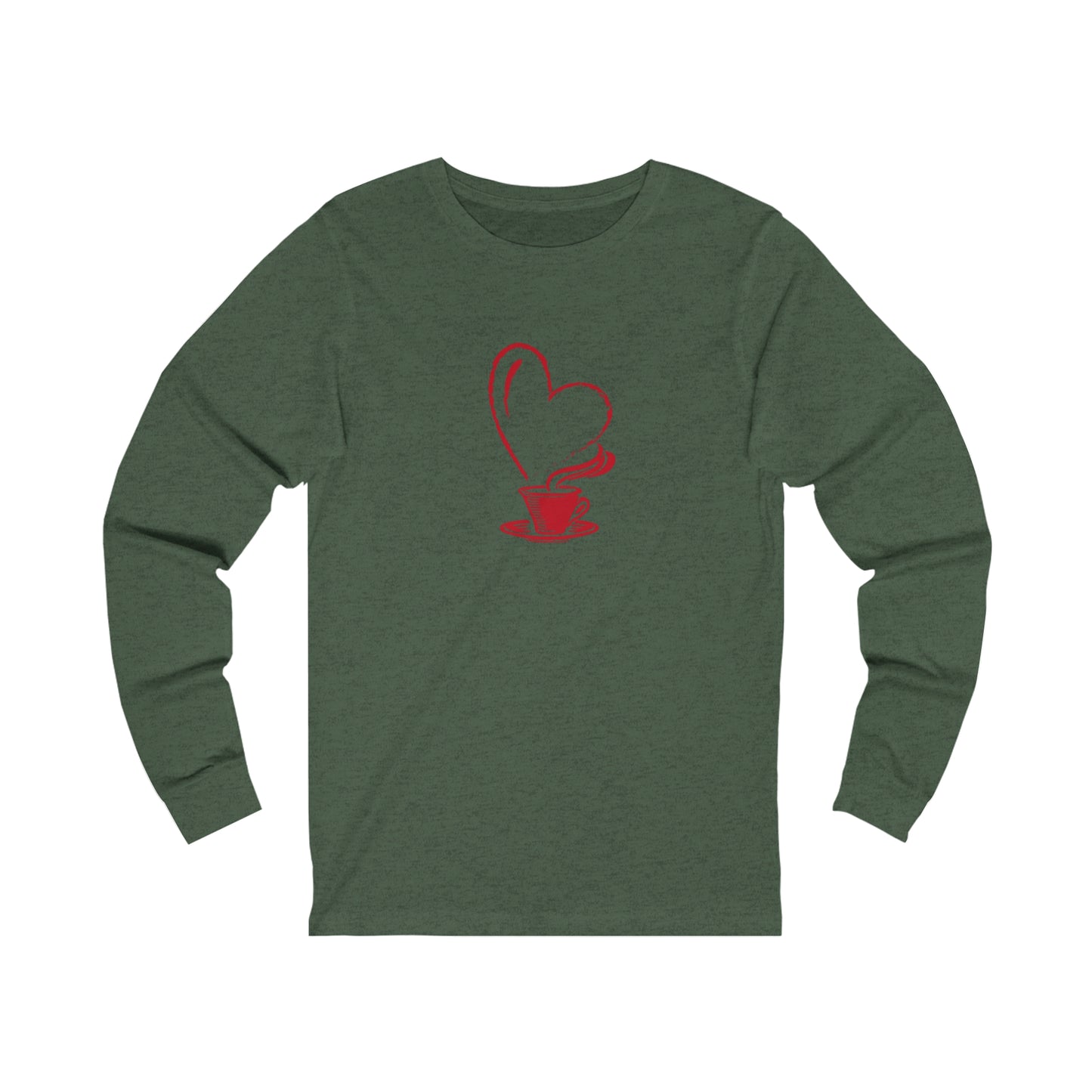 Printify long-sleeve green shirt with red coffee cup and heart design but first coffee tee