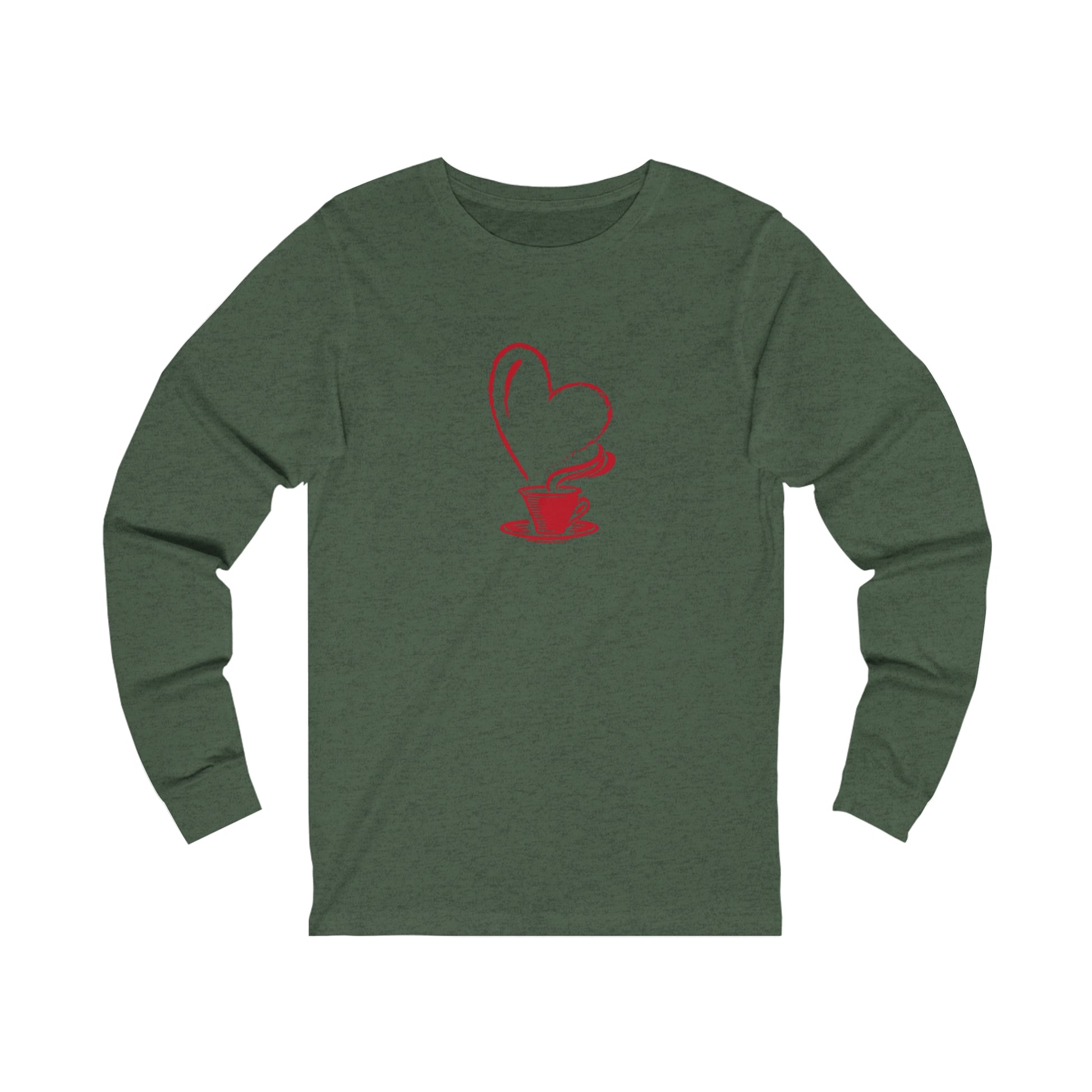 Printify long-sleeve green shirt with red coffee cup and heart design but first coffee tee