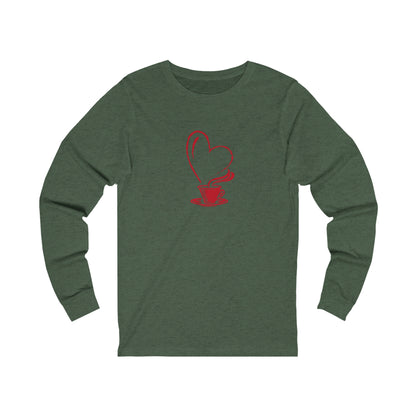 Printify long-sleeve green shirt with red coffee cup and heart design but first coffee tee