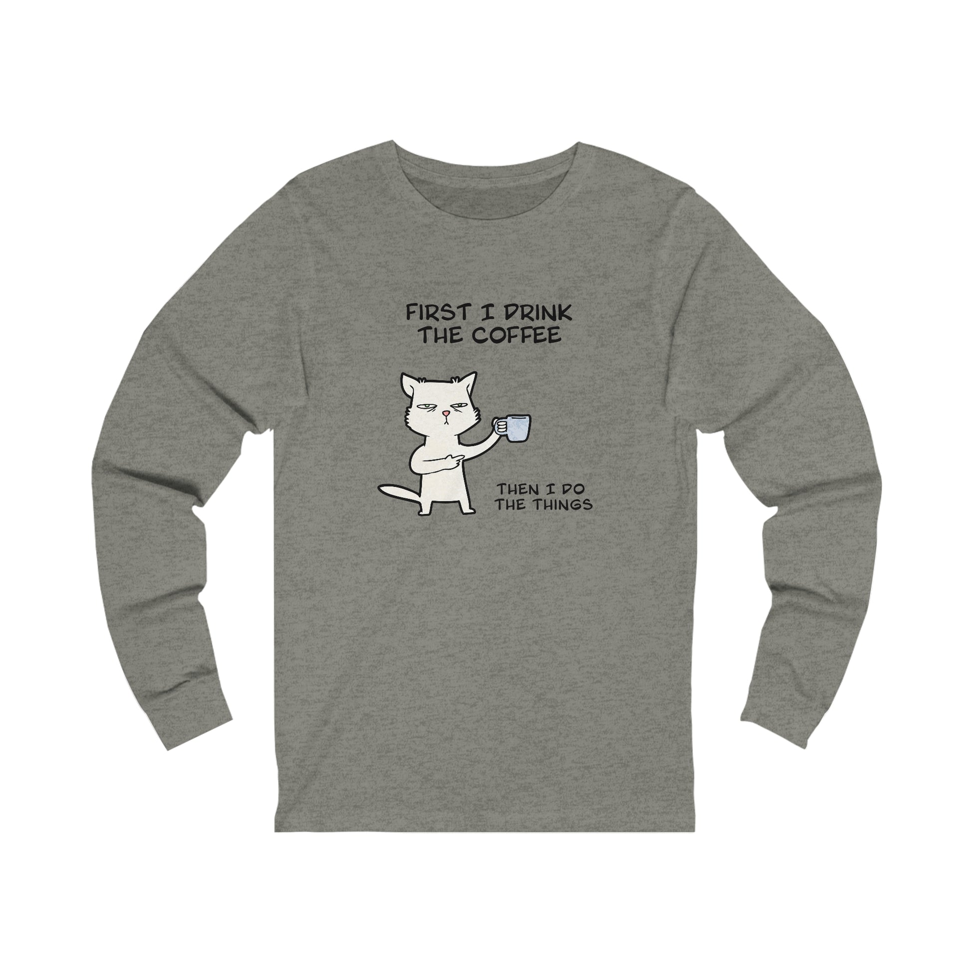 Printify gray long-sleeve but first coffee tee with cat holding coffee cup and humorous text