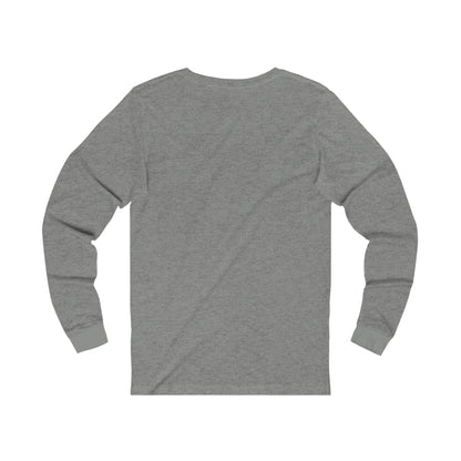 Gray long-sleeve shirt back view by Printify suitable for but first coffee tee design