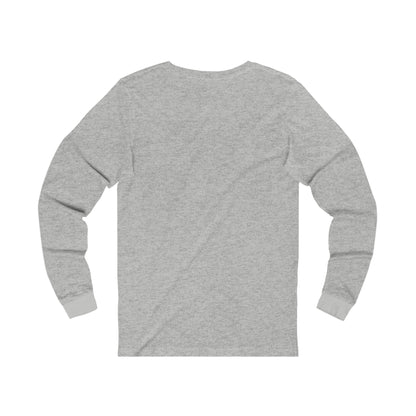 Back view of a Printify grey long-sleeve but first coffee tee with ribbed cuffs