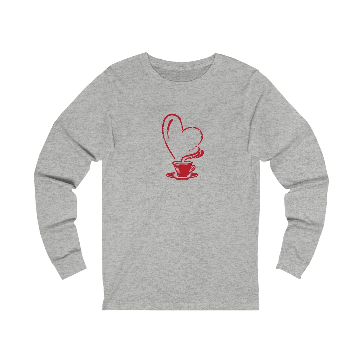 Printify long-sleeve gray but first coffee tee with red heart and steaming coffee cup graphic