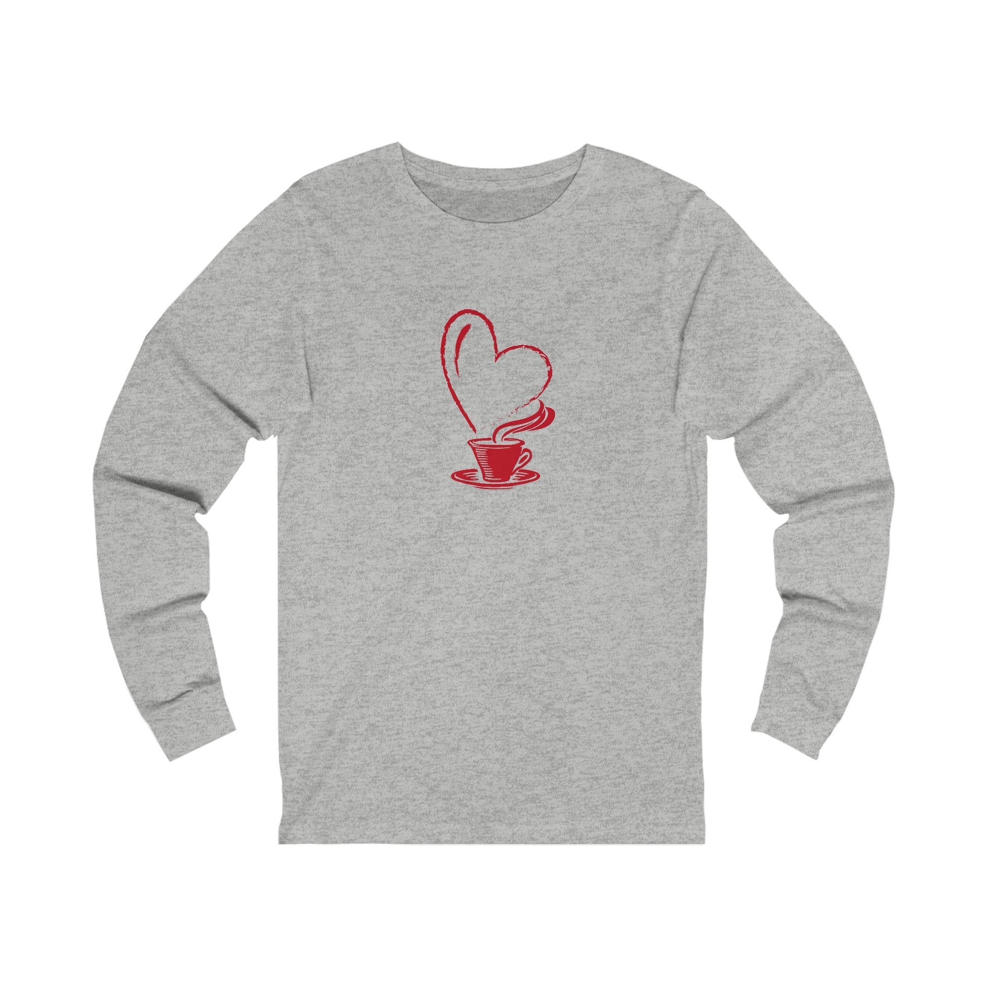 Printify long-sleeve gray but first coffee tee with red heart and steaming coffee cup graphic