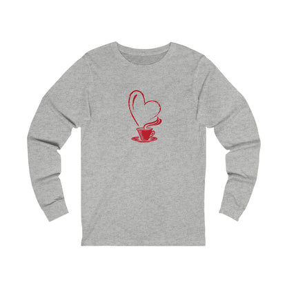 Printify long-sleeve gray but first coffee tee with red heart and steaming coffee cup graphic
