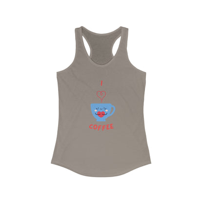 Printify gray tank top with cute blue coffee cup graphic and red text but first coffee tee