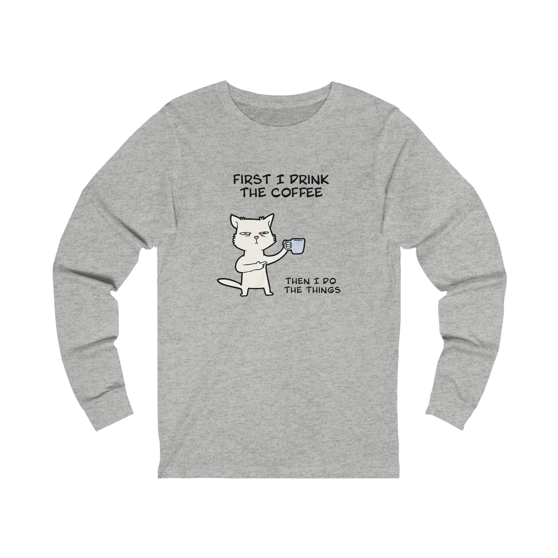 Printify gray long-sleeve but first coffee tee with cat holding coffee cup and text graphic