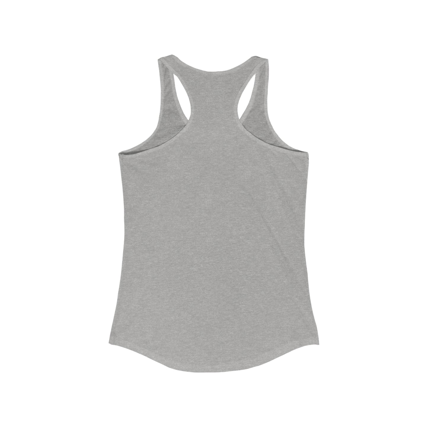 Back view of gray racerback tank top from Printify featuring but first coffee tee design