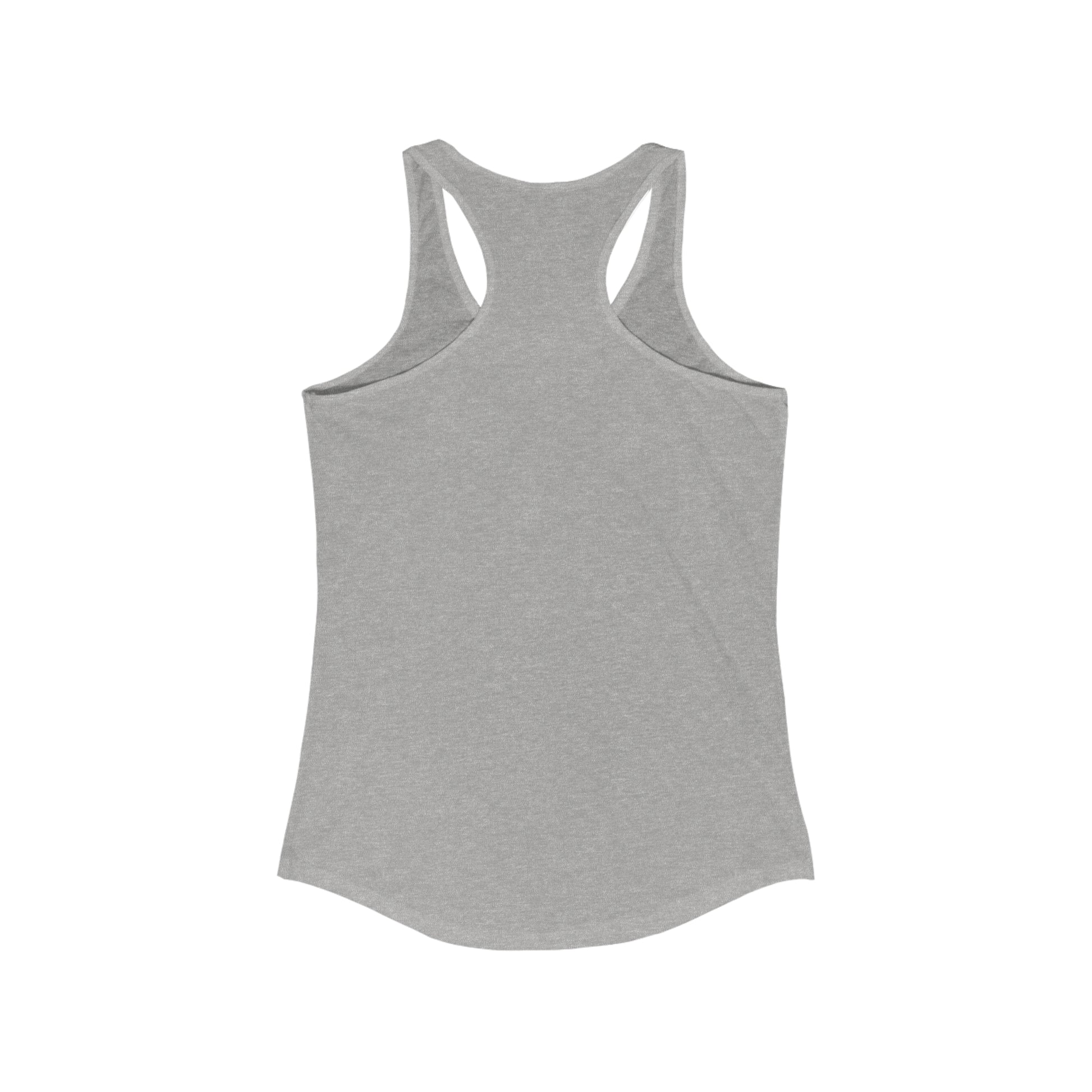 Back view of gray racerback tank top from Printify featuring but first coffee tee design