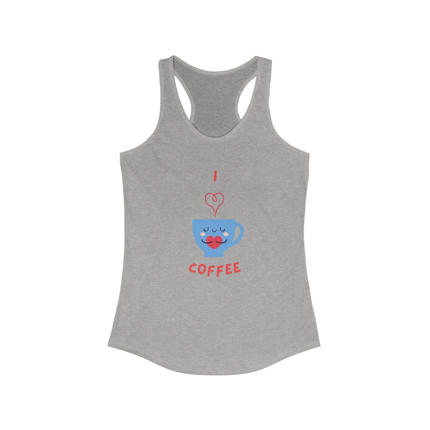 Gray Printify tank top featuring a cute blue coffee cup with lips and heart steam design But first coffee tee