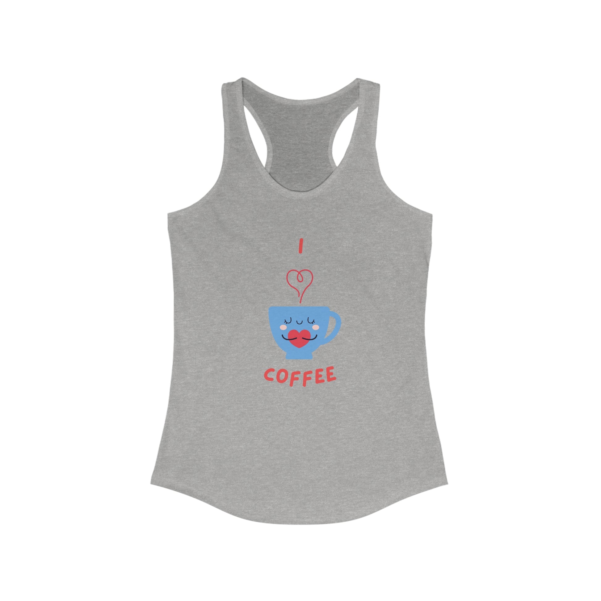 Gray Printify tank top featuring a cute blue coffee cup with lips and heart steam design But first coffee tee