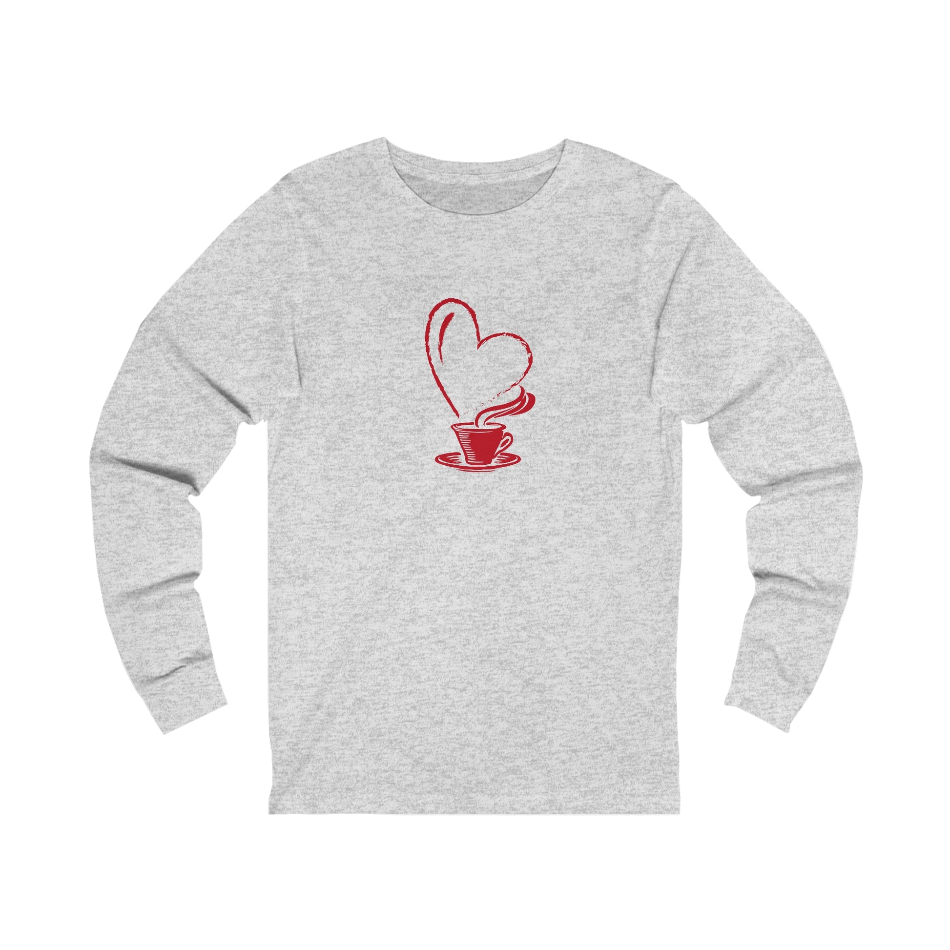 Printify long sleeve gray shirt with red coffee cup and heart steam design but first coffee tee
