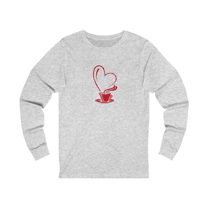 Printify long sleeve gray shirt with red coffee cup and heart steam design but first coffee tee