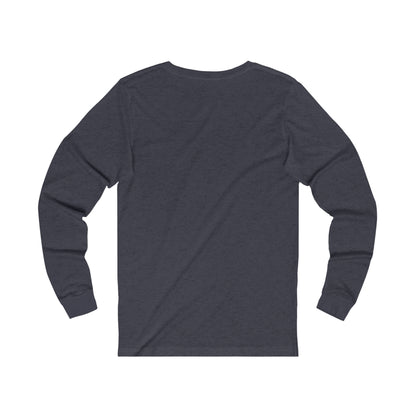 Back view of Printify long-sleeve but first coffee tee in dark gray with crew neck and fitted cuffs