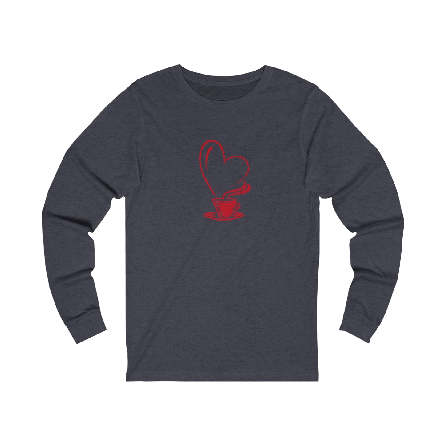 Printify long-sleeve but first coffee tee in dark gray with red heart and coffee cup design