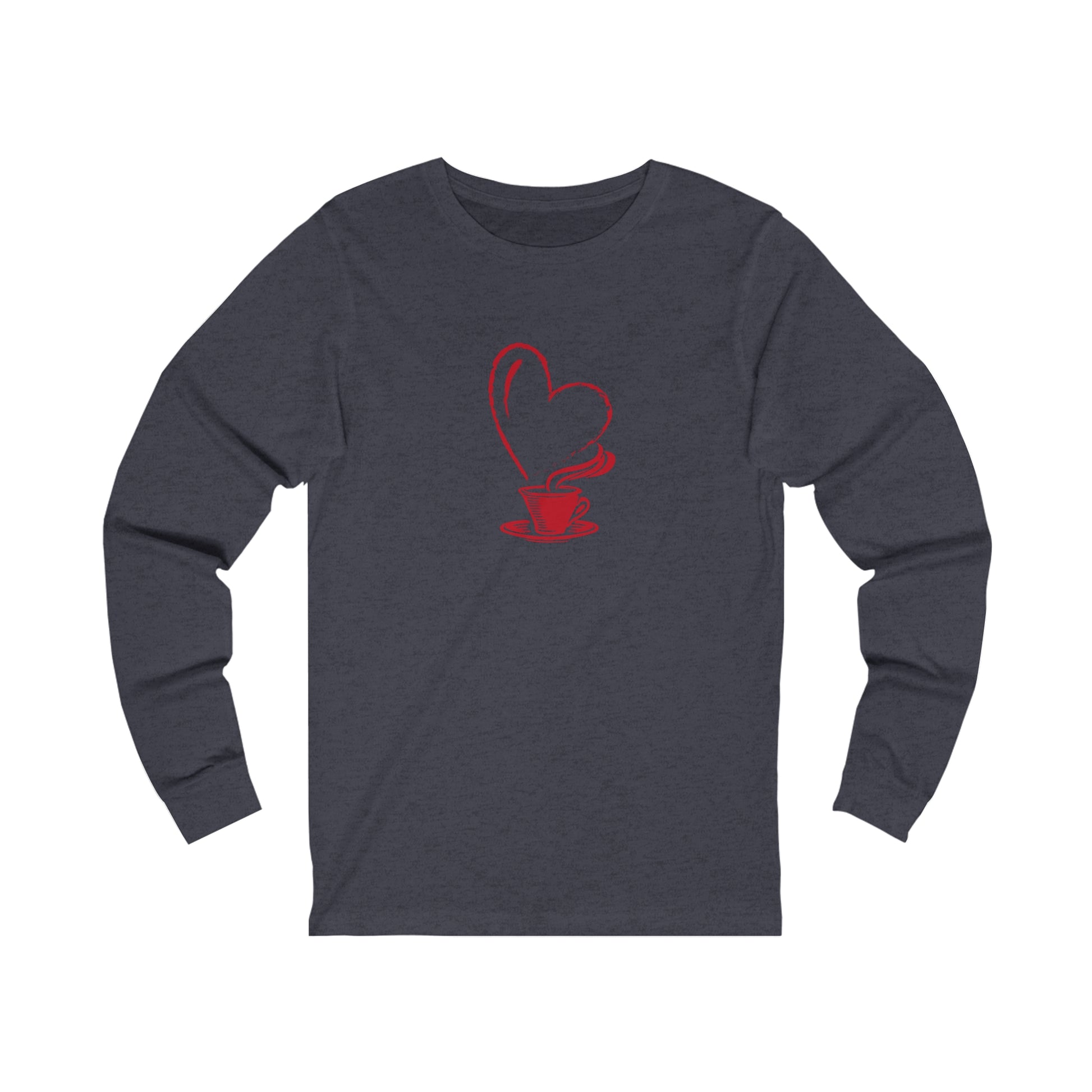 Printify long-sleeve but first coffee tee in dark gray with red heart and coffee cup design