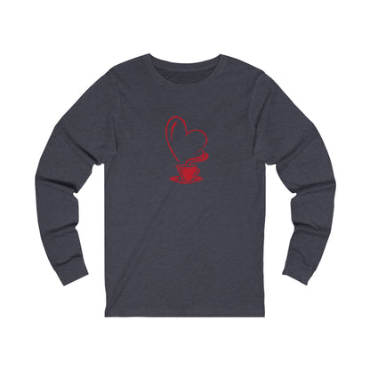 Printify long-sleeve but first coffee tee in dark gray with red heart and coffee cup design