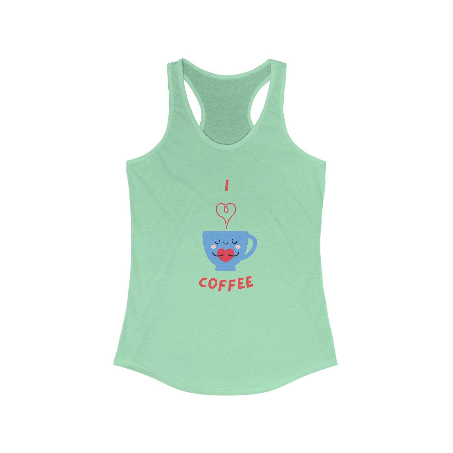 Light green tank top with cute coffee cup graphic and text I love coffee but first coffee tee