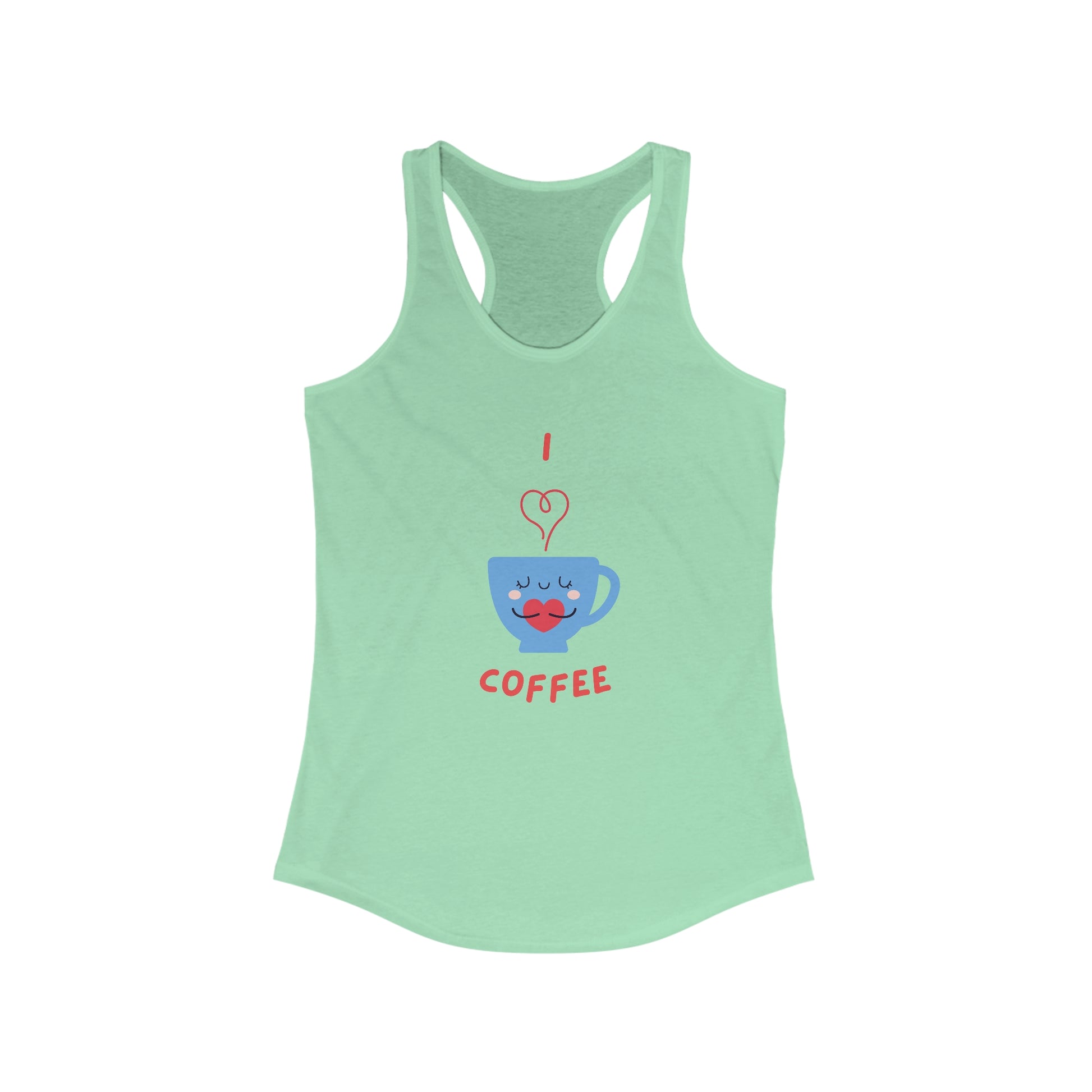 Light green tank top with cute coffee cup graphic and text I love coffee but first coffee tee