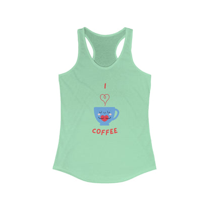 Light green tank top with cute coffee cup graphic and text I love coffee but first coffee tee