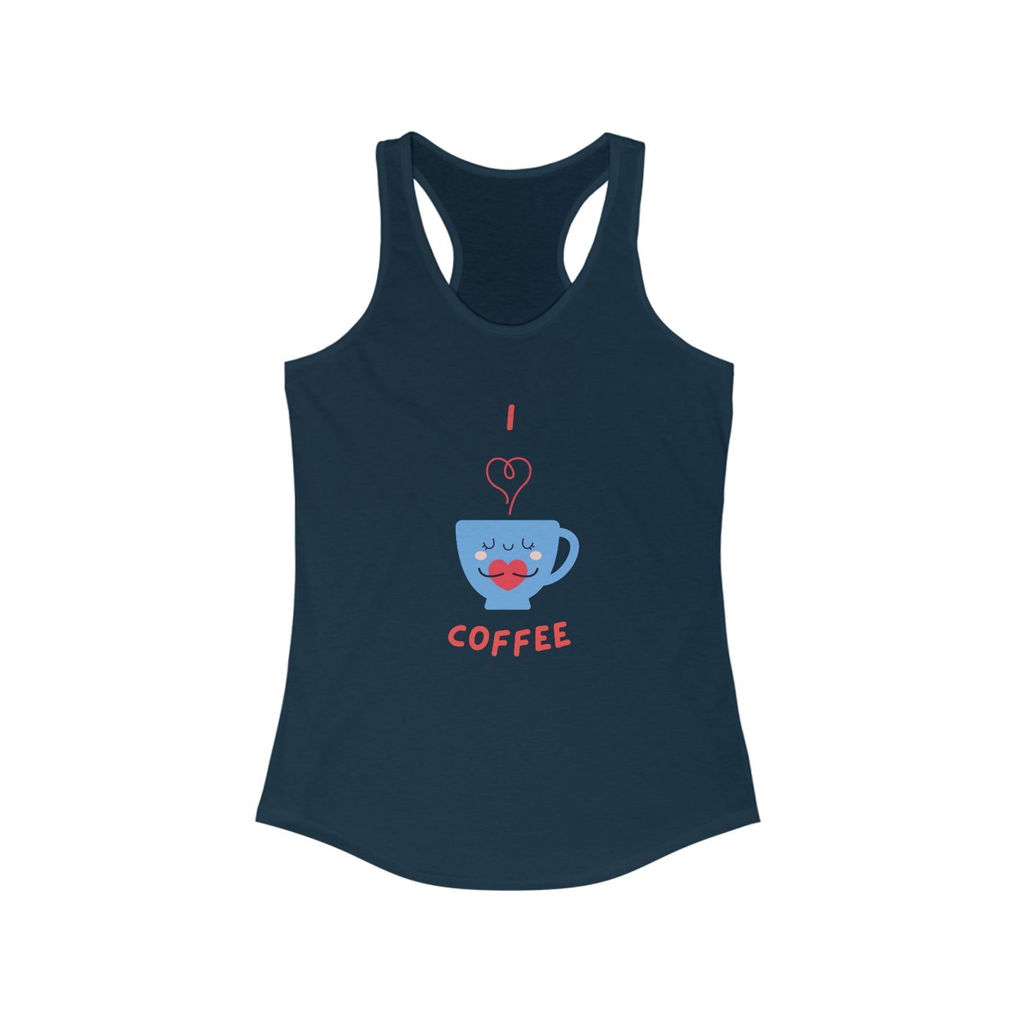 Printify navy blue tank top featuring cute coffee cup design and I heart coffee text But first coffee tee