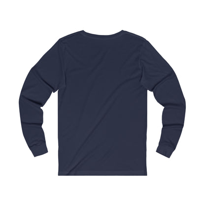 Printify navy blue long-sleeve but first coffee tee showing back view with cuffed sleeves