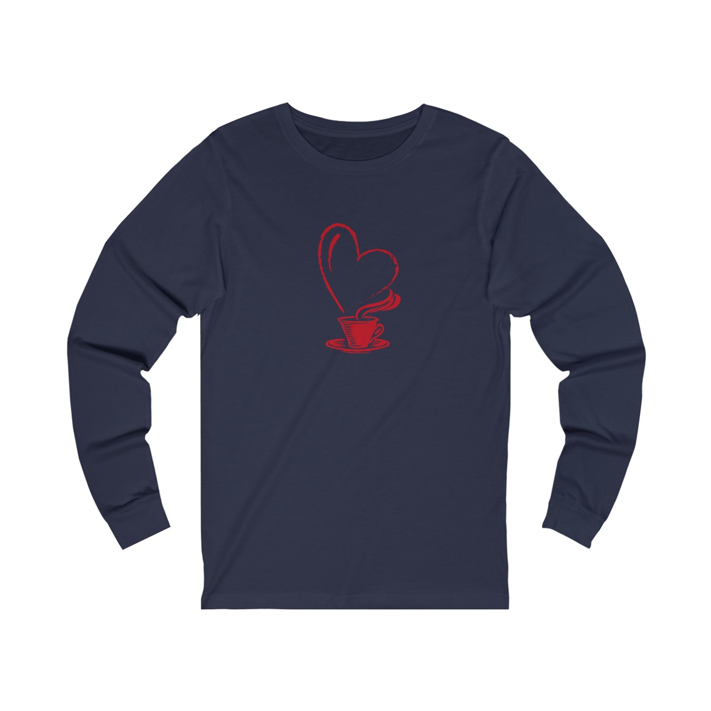 Printify navy long sleeve but first coffee tee with red coffee cup and heart design