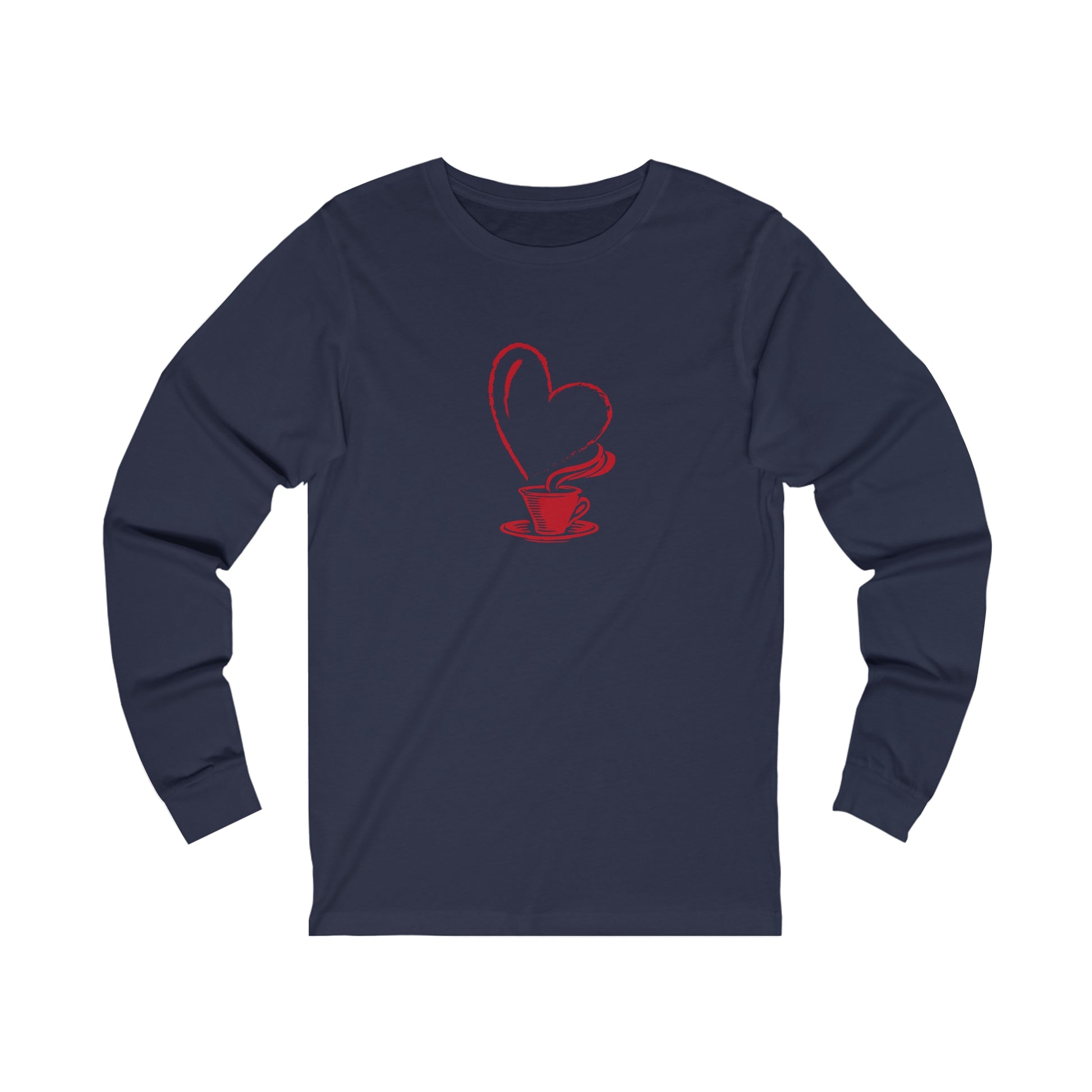 Printify navy long sleeve but first coffee tee with red coffee cup and heart design
