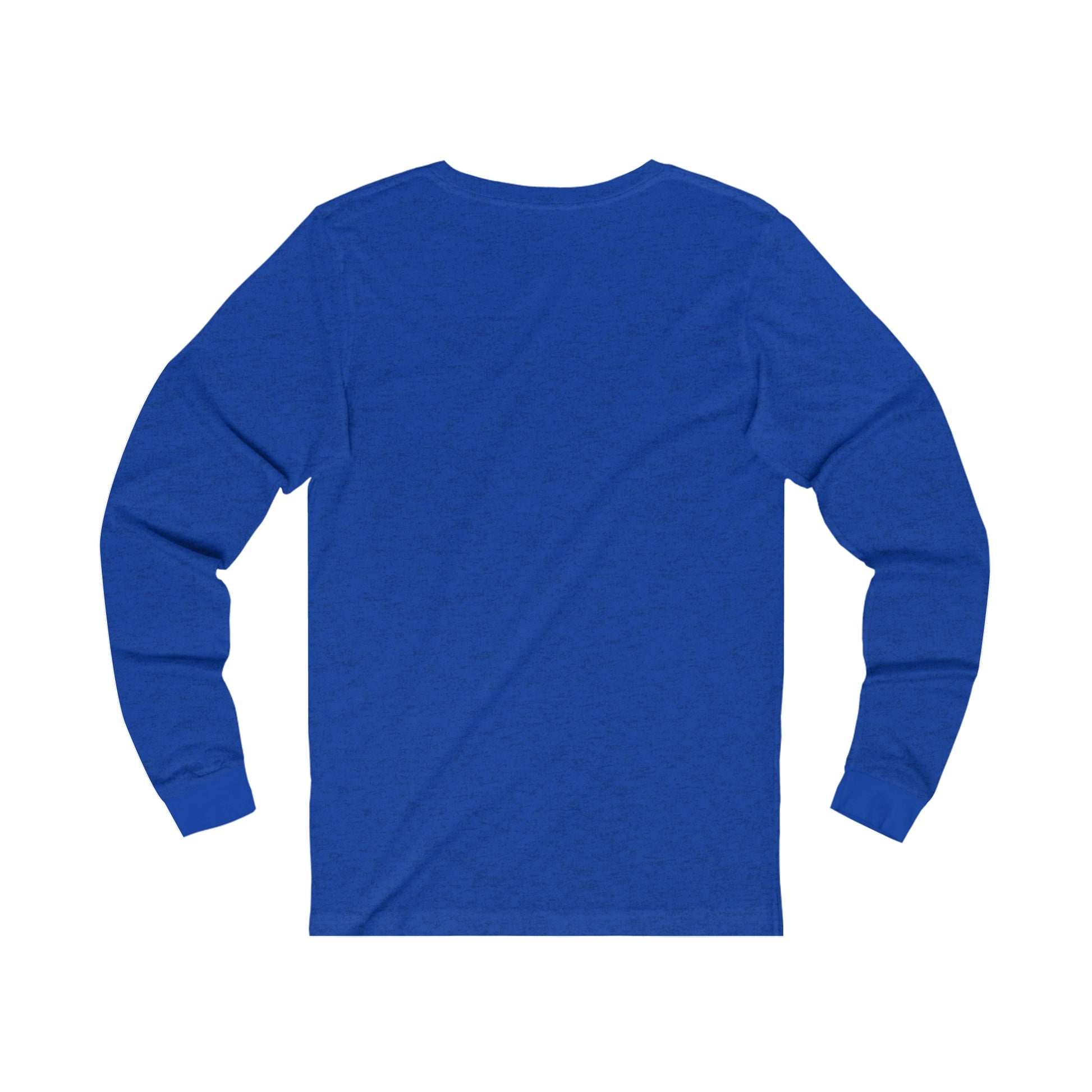 Printify blue long sleeve shirt shown from the back with no visible design but first coffee tee