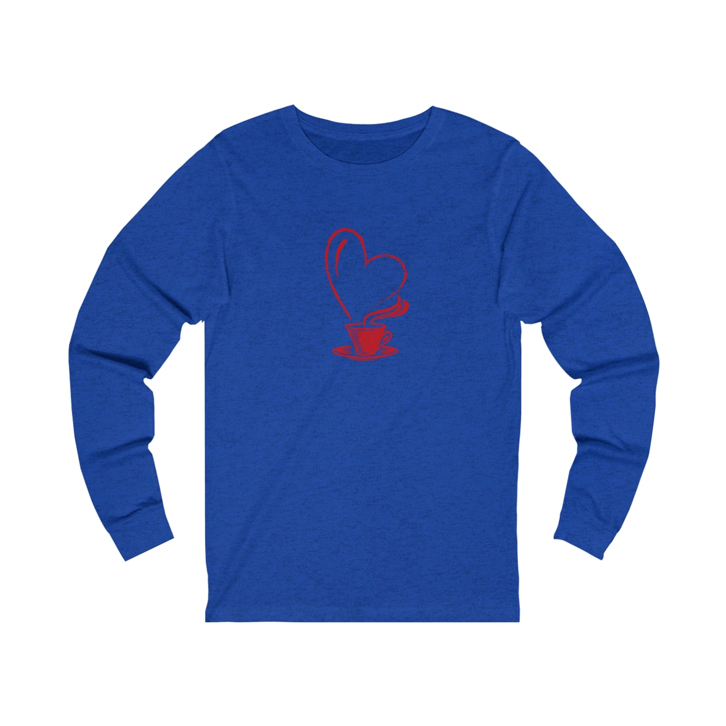 Blue long-sleeve Printify shirt with red coffee cup and heart design but first coffee tee