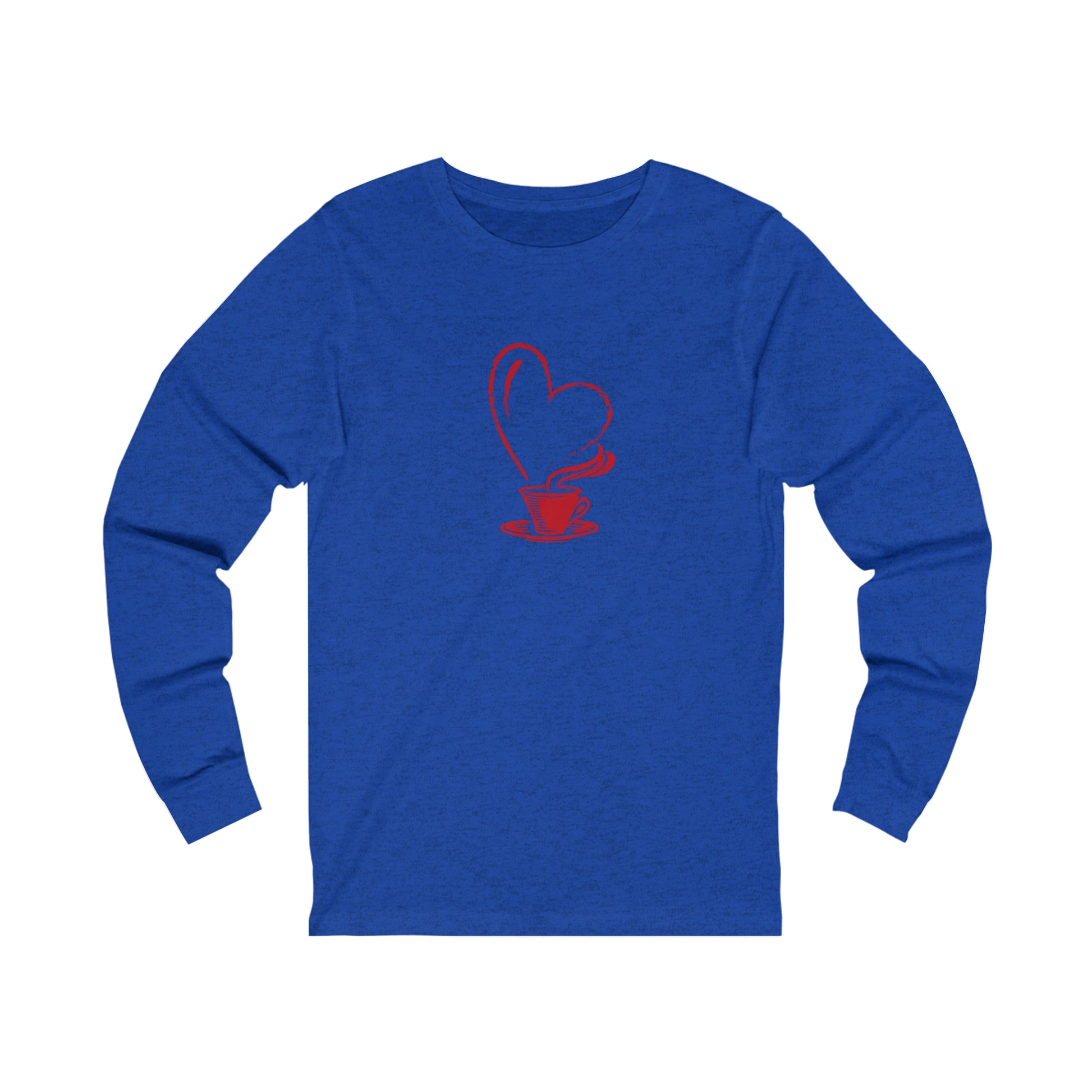 Blue long-sleeve Printify shirt with red coffee cup and heart design but first coffee tee
