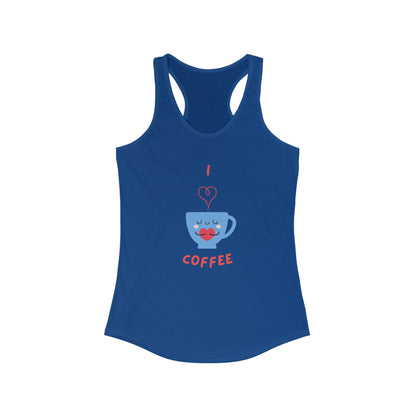 Blue tank top featuring a cute coffee cup design with text I love coffee but first coffee tee