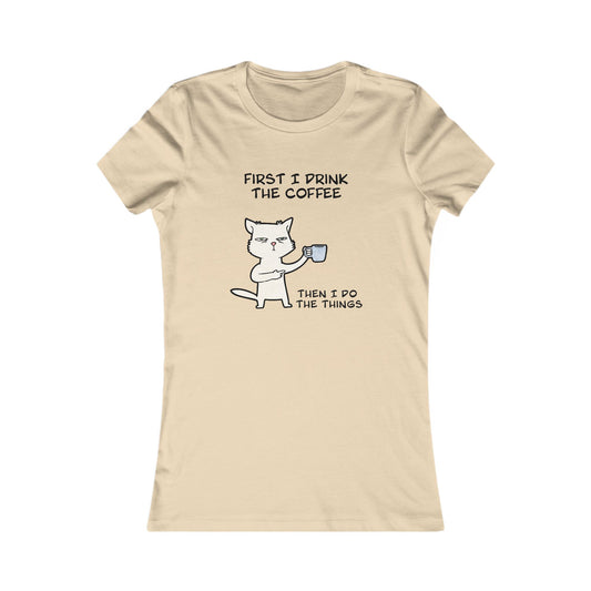 Printify beige but first coffee tee shirt with cartoon cat drinking coffee and humorous text