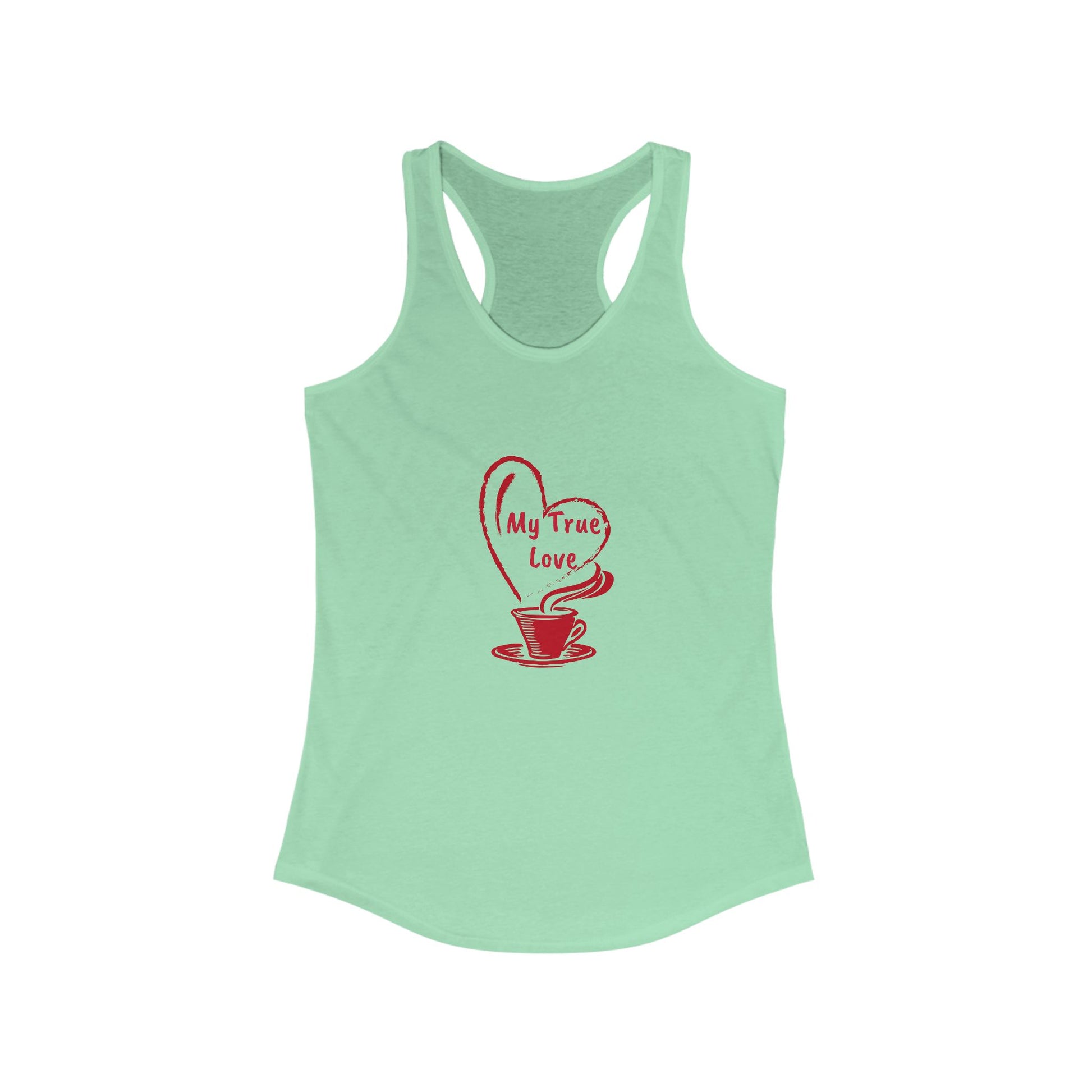Printify green tank top with red coffee cup and My True Love heart design but first coffee tee shirt
