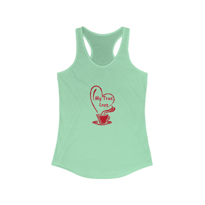 Printify green tank top with red coffee cup and My True Love heart design but first coffee tee shirt