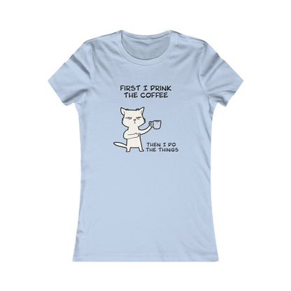 Light blue but first coffee tee shirt with cartoon cat holding coffee cup and funny text