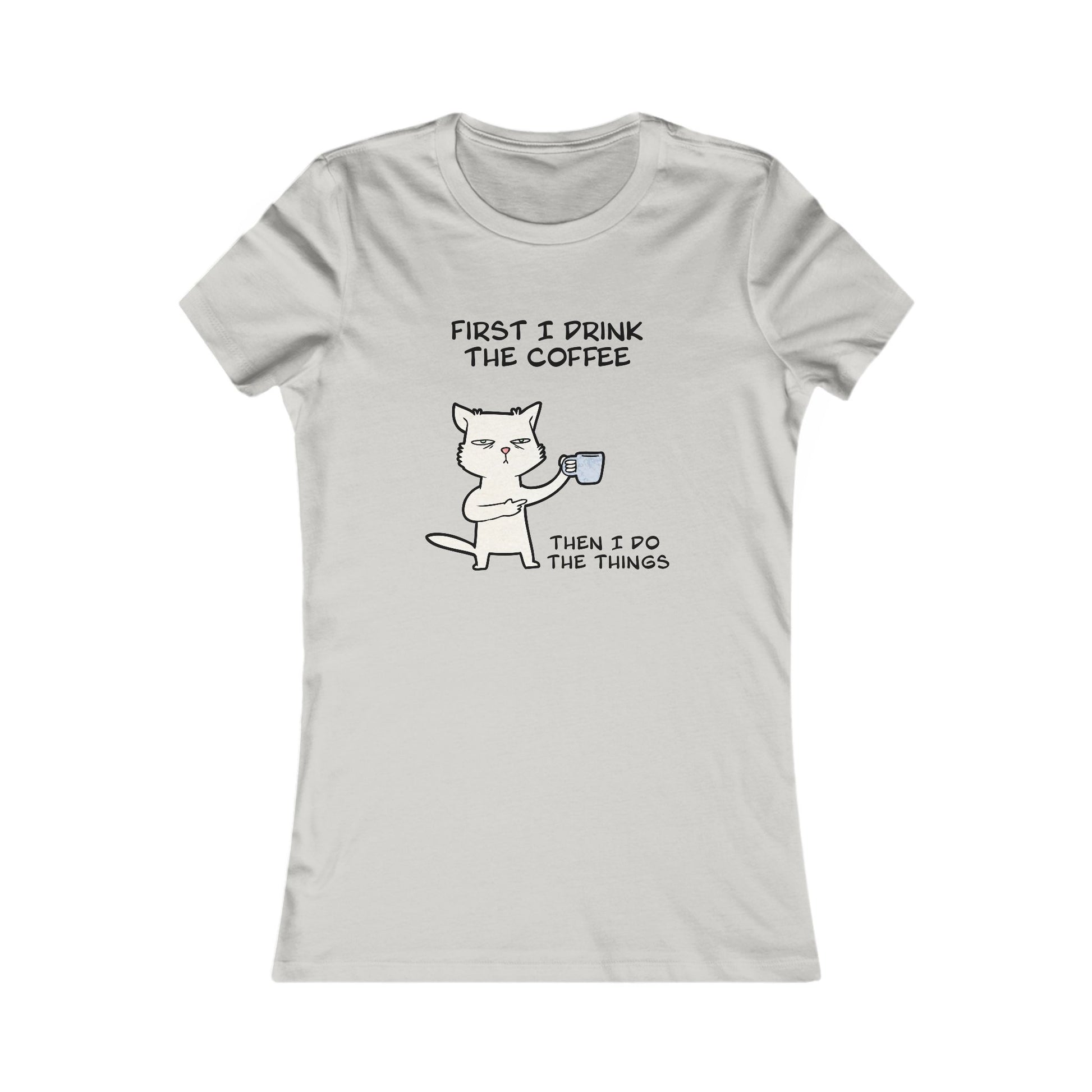 Light gray but first coffee tee shirt featuring a cute cat holding a coffee cup with humorous text