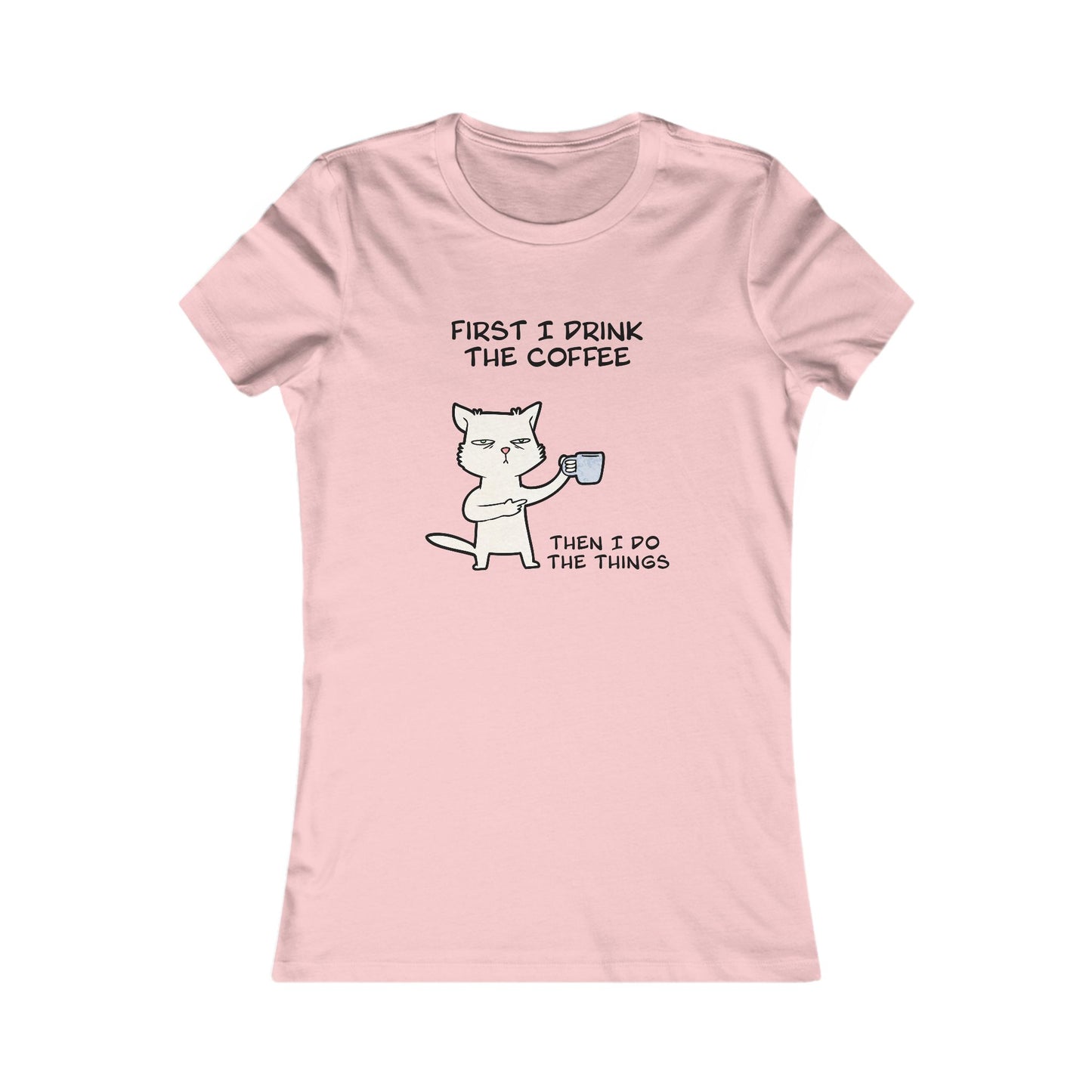 Pink but first coffee tee shirt with a cat holding a coffee cup and funny text graphic