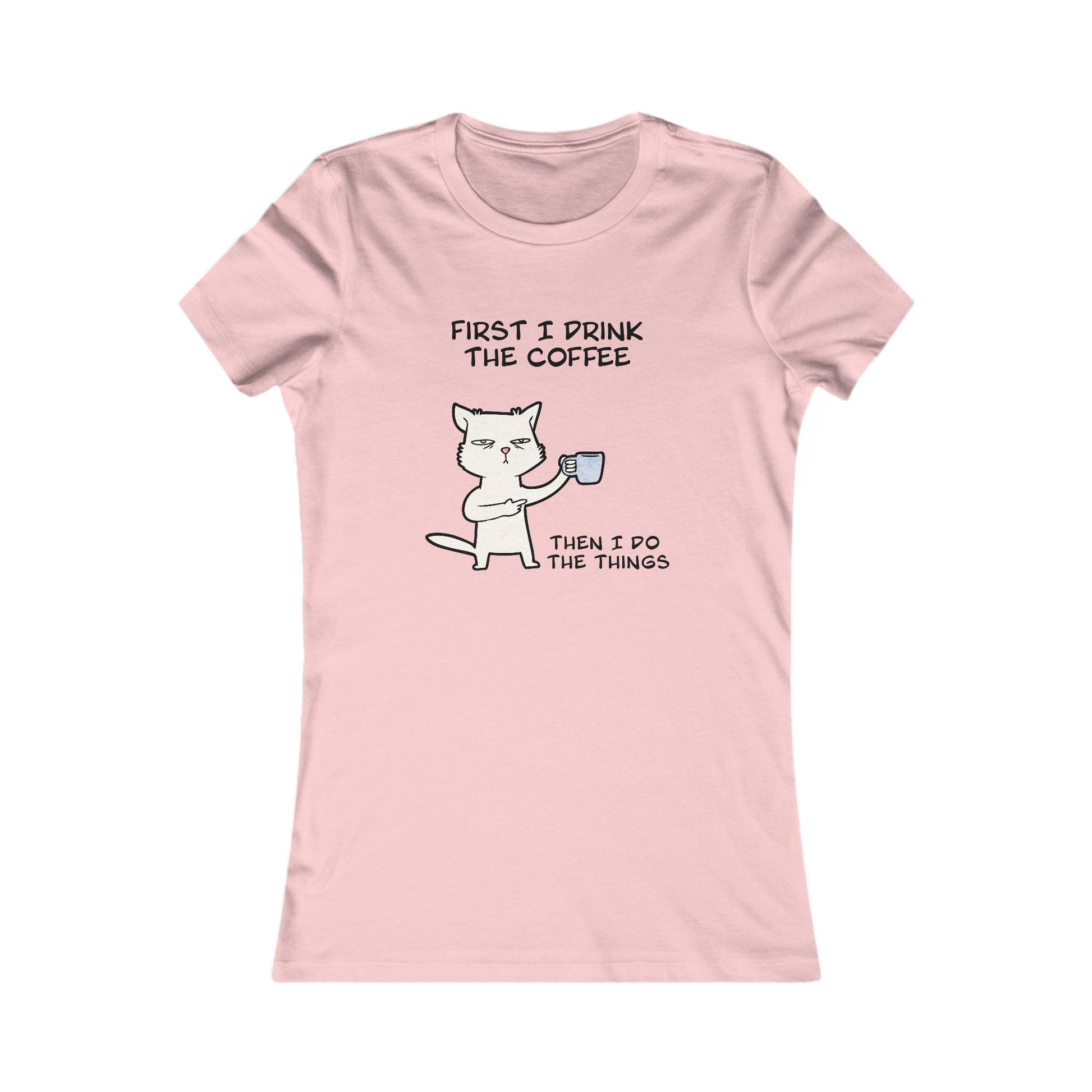Pink but first coffee tee shirt with a cat holding a coffee cup and funny text graphic