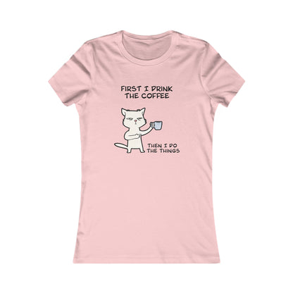 Pink but first coffee tee shirt with a cat holding a coffee cup and funny text graphic