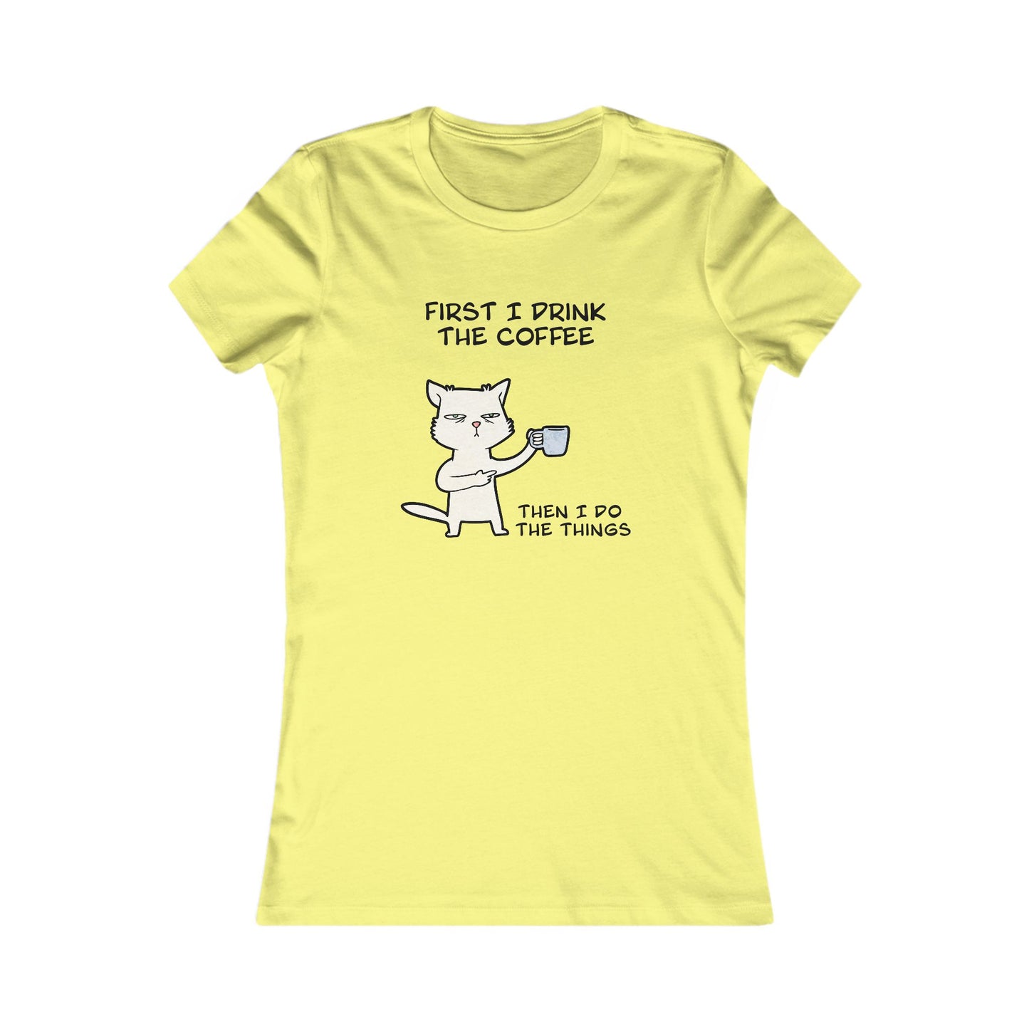 Yellow but first coffee tee shirt with cat holding coffee cup and text about drinking coffee first