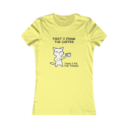 Yellow but first coffee tee shirt with cat holding coffee cup and text about drinking coffee first