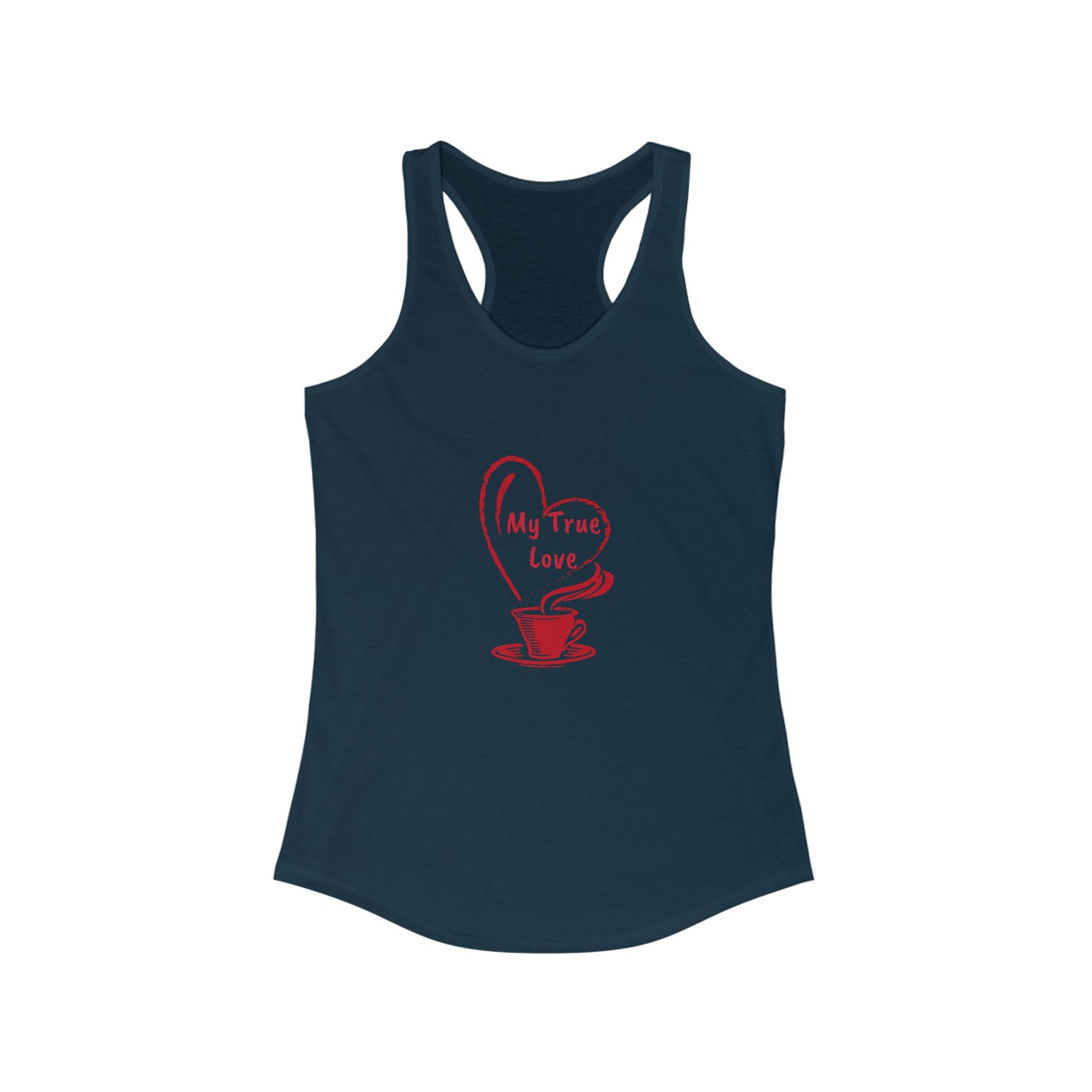 Navy blue Printify tank top with red coffee cup and heart design But first coffee tee shirt