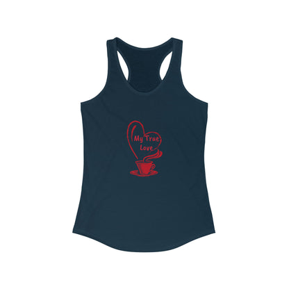 Navy blue Printify tank top with red coffee cup and heart design But first coffee tee shirt