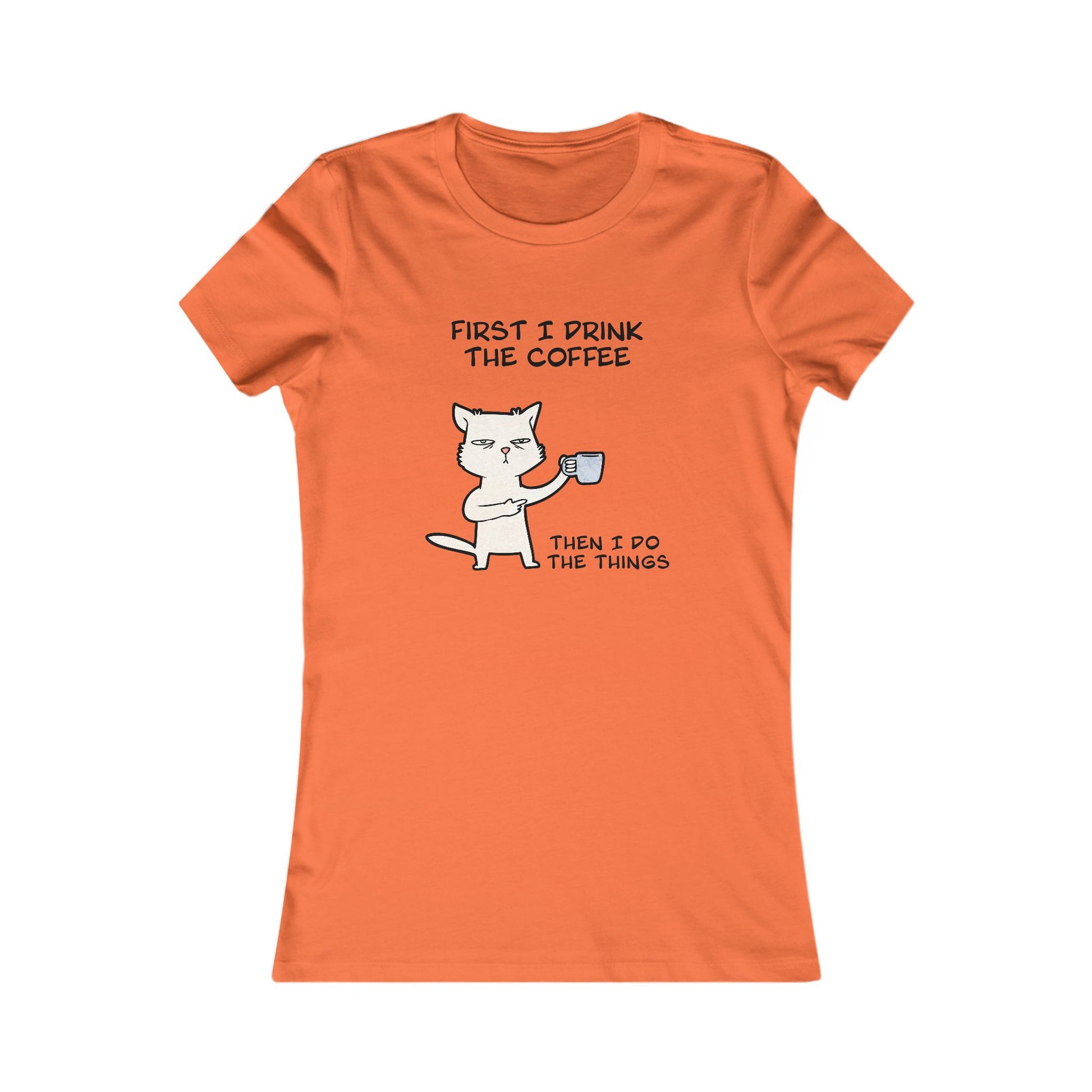 Orange Printify but first coffee tee shirt with cute cat holding coffee cup graphic